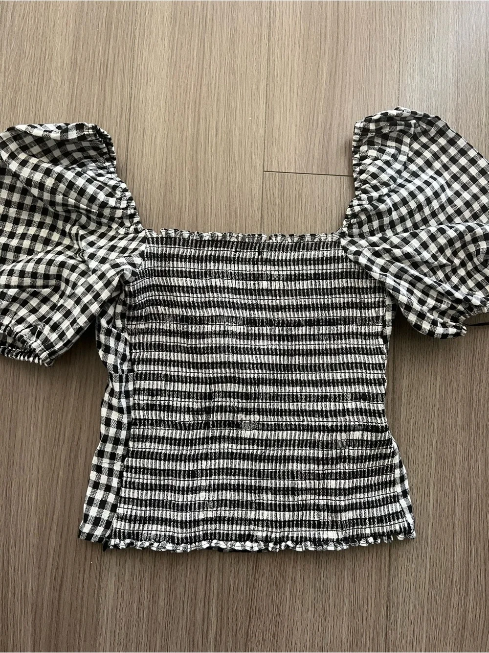 Reformation Black & White Gingham Puff-Sleeve Zip Crop Top